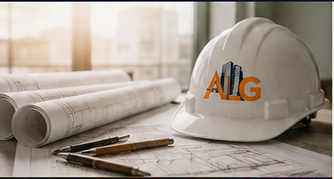 ALG hard hat and blueprints